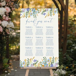 Colorful Floral Wedding Seating Chart, Seating Sign for Weddings, Foam Board Decor, Watercolor Blue Decoration, Canvas, Poster