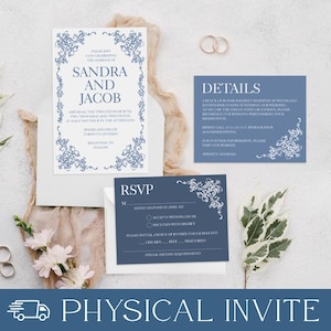 Lot quelque chose de bleu de faire-part de mariage - contour floral, moderne, élégant, personnalisable, invitation, RSVP et carte détaillée avec enveloppes