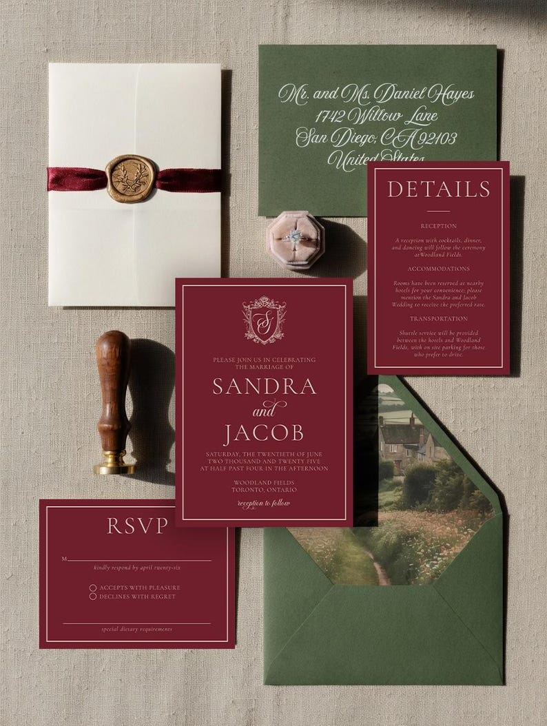 Burgundy and Chartreuse Elegant Wedding Invitation Set | Physical ...