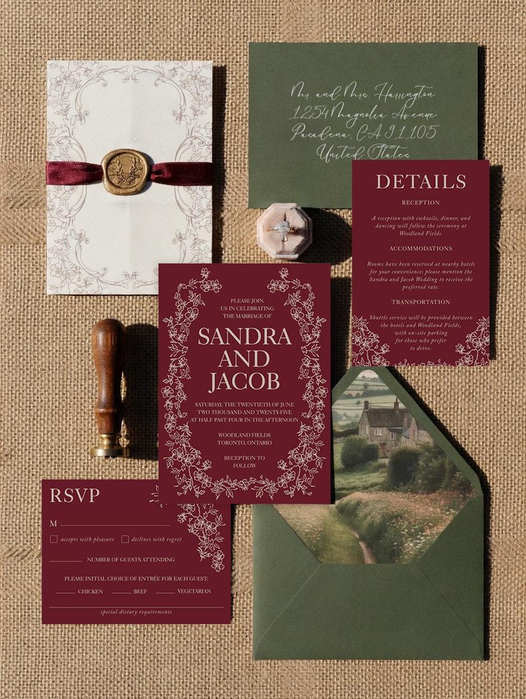 Burgundy and Chartreuse Custom Wedding Invitation Set | Burgundy and ...
