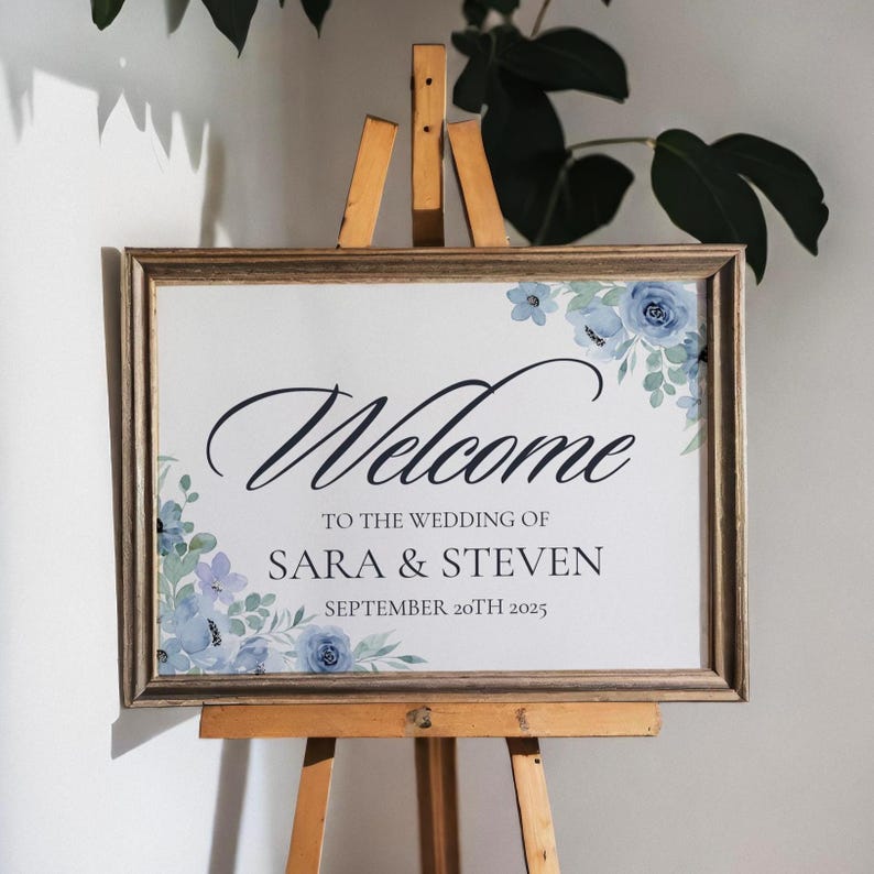 Blue Floral Wedding Welcome Sign: Elegant Event Decor - Etsy