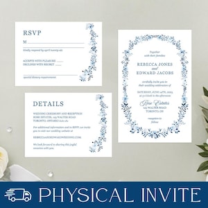 Lot d'invitations florales bleues élégantes, faire-part avec enveloppes, papeterie de mariage florale, bleu aquarelle, cartes personnalisées