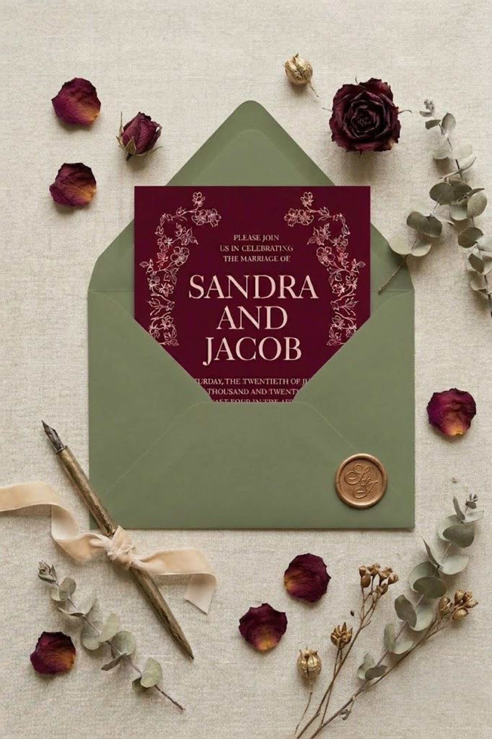 Burgundy and Chartreuse Custom Wedding Invitation Set | Burgundy and ...