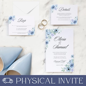 Lot d'invitations florales bleues élégantes, faire-part avec enveloppes, papeterie de mariage florale, bleu aquarelle, cartes personnalisées
