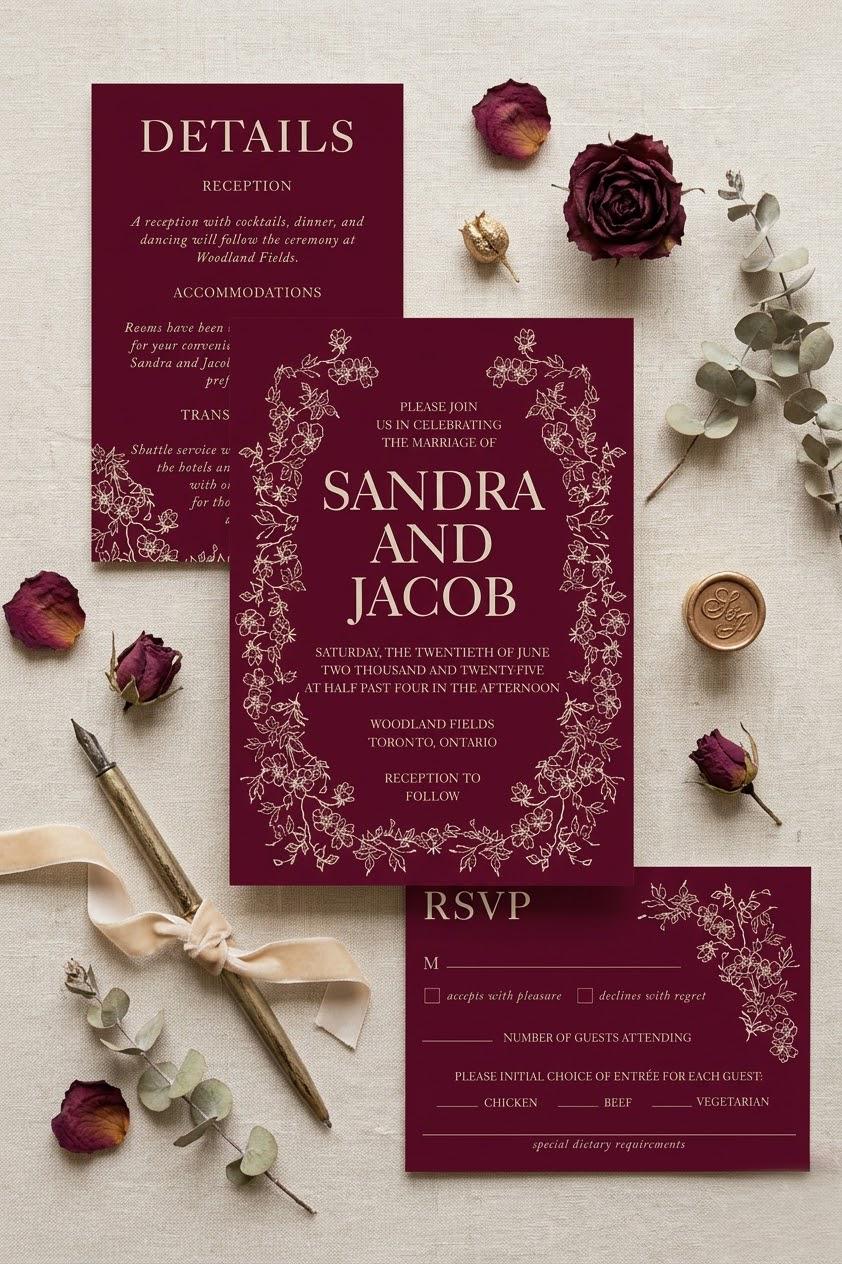 Burgundy and Chartreuse Custom Wedding Invitation Set | Burgundy and ...