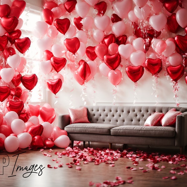 Valentine's Day Digital Backdrop Red and Pink  Heart Shaped Balloons  Digital Valentines Composite Background, Photography Backdrop