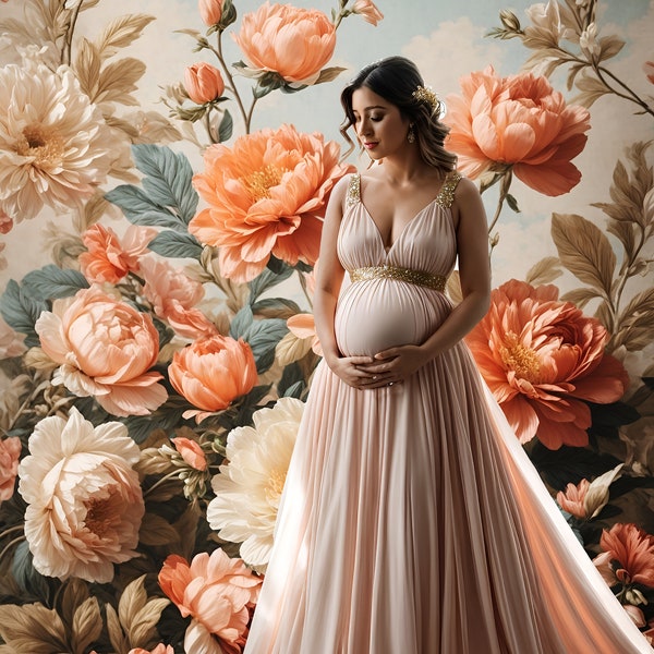 Maternity Digital Backdrop Baroque Style Floral, Wall Art Floral Artwork, Bridal, Portrait Photoshoot Digital Background- Composite Image