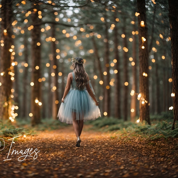 Virtual Background Enchanted Forest Bokeh lights Backdrop, Composite Digital Background for Portraits Photoshoot, Fairy Forest Background