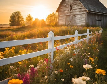 Virtual Background Summer Barn and White Picket Fence, Photoshop Composite Digital Background, Spring, Summer Wildflower Composite Backdrop