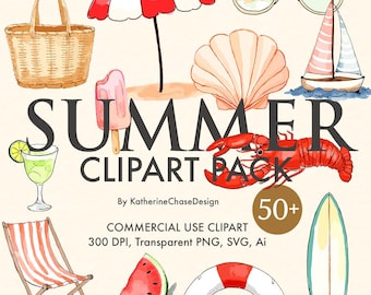 Watercolor Beach Summer Clipart PNG Bundle, Beach SVG, Pool Party Clipart, Cute Summer Graphics, Summer Vibes Nautical PNG, Sublimation