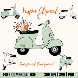 Peut inclure: Illustration numérique de scooters Vespa vert menthe. L'un des scooters est orné d'un bouquet de fleurs orange et roses. Le texte "Vespa Clipart" est en écriture orange. Le texte supplémentaire comprend "Transparent Background" et "Free Comercial Use".