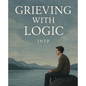 May include: A man sits on a rock overlooking a body of water with mountains in the background. The text "Grieving with Logic" and "INTP" are displayed above the man.