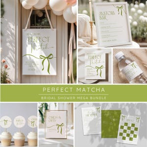 Puede incluir: Colección de decoraciones para despedida de soltera en verde y blanco. Incluye letreros, adornos para cupcakes y etiquetas para botellas de agua con el texto "Perfect Matcha". El tema es una despedida de soltera.