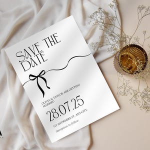 Modello Save the Date in cravatta nera con fiocco / Suite Canva minimalista di lusso / Elegante cancelleria per matrimonio stampabile / Download digitale classico