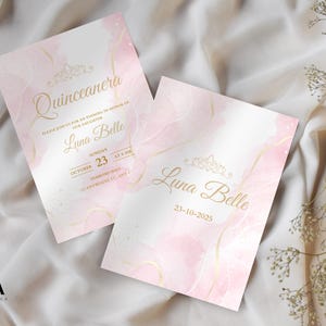 Bewerkbare roze Quinceanera-uitnodiging digitaal - met gratis Quinceanera-bedankkaartje