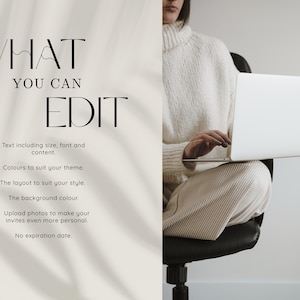 May include: Image features the text "WHAT YOU CAN EDIT" in a stylish font, along with details about editing text, colors, layout, and background. A person is seated, holding a laptop. The logo "JA" is at the bottom.
