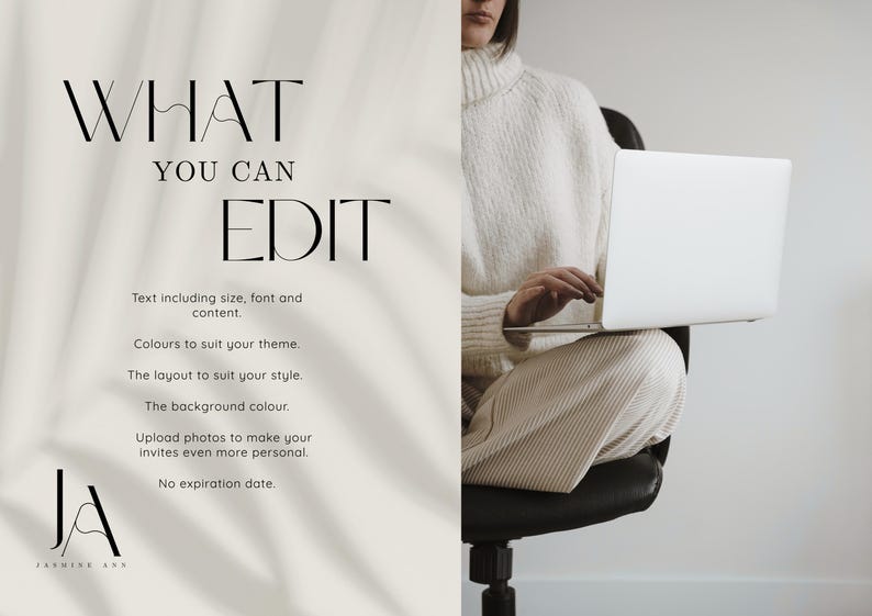 May include: Image features the text "WHAT YOU CAN EDIT" in a stylish font, along with details about editing text, colors, layout, and background. A person is seated, holding a laptop. The logo "JA" is at the bottom.