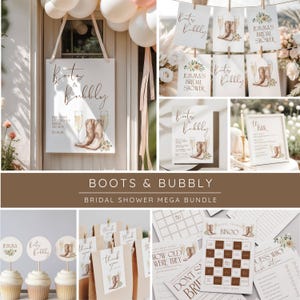 Pode incluir: Uma coleção de decorações e jogos para chá de panela com tema rústico. O design apresenta botas de cowboy, taças de champanhe e detalhes florais. O texto "Boots & Bubbly" é exibido em placas e outros itens.