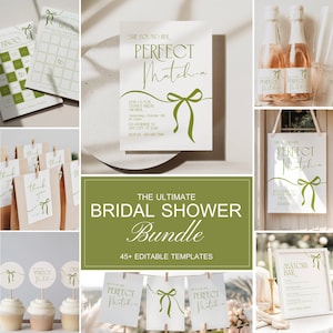 Bow Bridal Shower Bundle Editable Green Tea Bachelorette Party She Found her Perfect Matcha Theme Template Modern Coquette Hen Do Printable