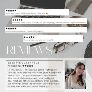 May include: A customer review graphic featuring the word REVIEWS in large white text, four five-star rating boxes with customer feedback, and a personal note from the shop owner Jasmine, accompanied by a photograph of the creator in a white top.