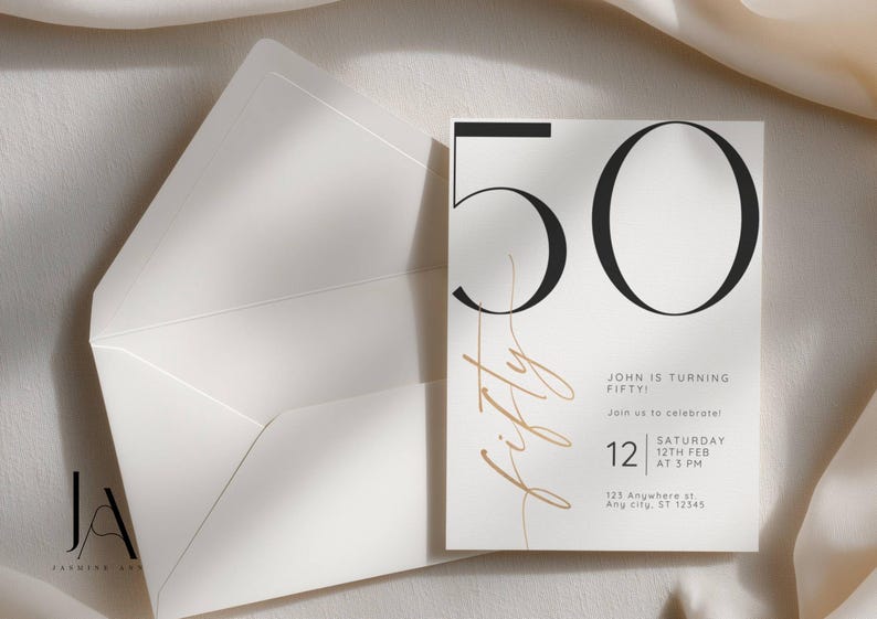 May include: A white invitation card with a large black number 50 and the word fifty in gold script. The text reads John is turning fifty, join us to celebrate, Saturday 12th Feb at 3 PM, and 123 Anywhere st, Any city, ST 12345. An open white envelope.