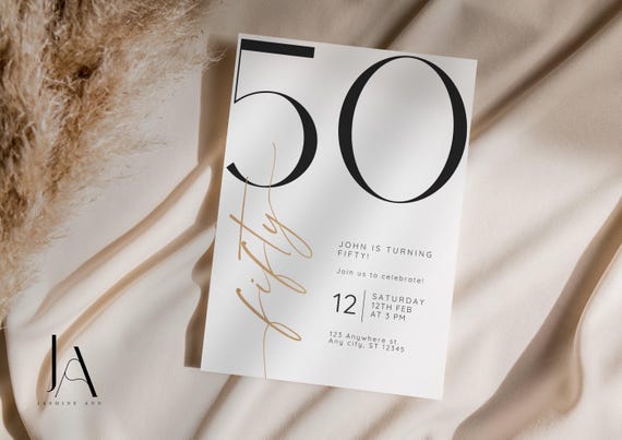 50th Birthday Invitation Template 50 th Digital Invite Black and Gold Instant Download Fifty and Fabulous Minimalist Birthday Printable Him