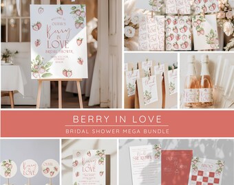 Berry in Love Bridal Shower Bundle Strawberry Theme Invitation Welcome Sign Games Digital Download