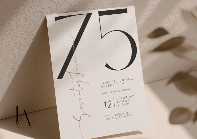 Minimalist Black and Gold 75th Birthday Invitation (digital Invite) - Etsy