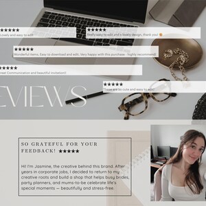 May include: A laptop, glasses, and jewelry are arranged on a white surface. The word "REVIEWS" is displayed in large, elegant font. Customer feedback is shown in white boxes with star ratings.