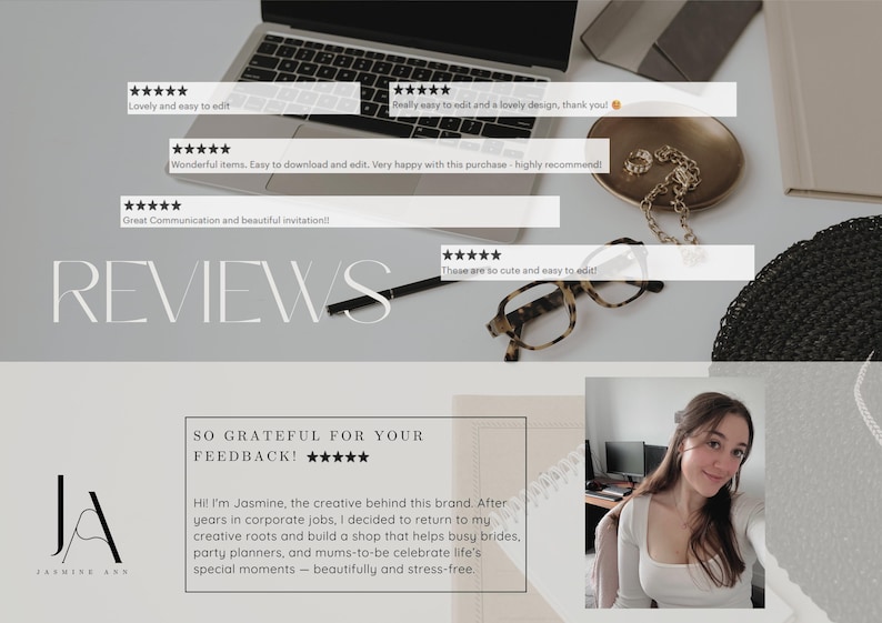 May include: A laptop, glasses, and jewelry are arranged on a white surface. The word "REVIEWS" is displayed in large, elegant font. Customer feedback is shown in white boxes with star ratings.