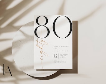 Minimalist 80th Birthday Invitation Template: Editable 5x7 Digital Download