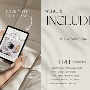 May include: A digital template guide is displayed on a tablet, with the text "DIGITAL TEMPLATE GUIDE." The image also includes the text "WHAT'S INCLUDED" and "FREE BONUSES" with a list of included items. The tablet is held by a person.