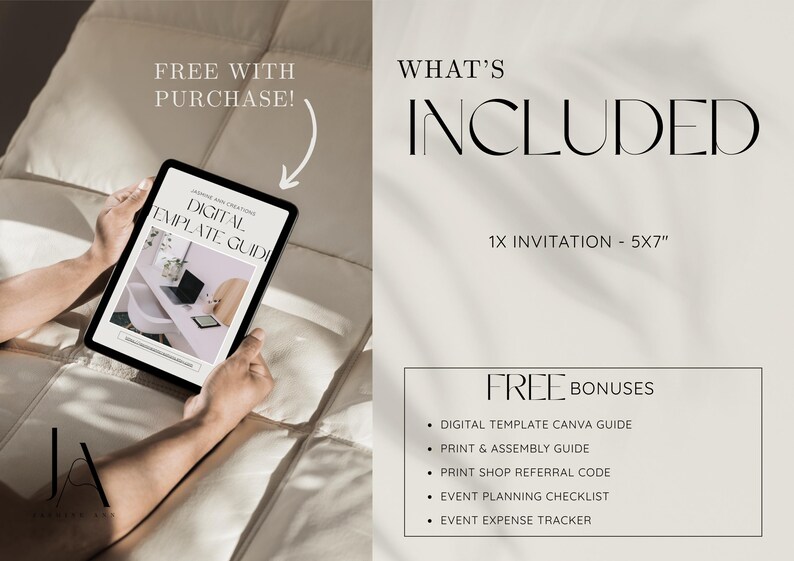 May include: A digital template guide is displayed on a tablet, with the text "DIGITAL TEMPLATE GUIDE." The image also includes the text "WHAT'S INCLUDED" and "FREE BONUSES" with a list of included items. The tablet is held by a person.