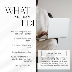 May include: A digital graphic featuring the text WHAT YOU CAN EDIT followed by a list of editable features including text, colors, layout, background, and photo uploads. A box labeled PLEASE NOTE explains that some calligraphy is non-editable artwork.