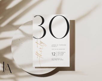 Plantilla minimalista de invitación de cumpleaños número 30 en negro y dorado (descarga digital)