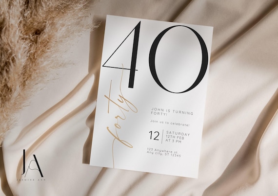 40th Birthday Invitation Template, Digital Evite for Him Her, Modern Black and Gold Birthday Party