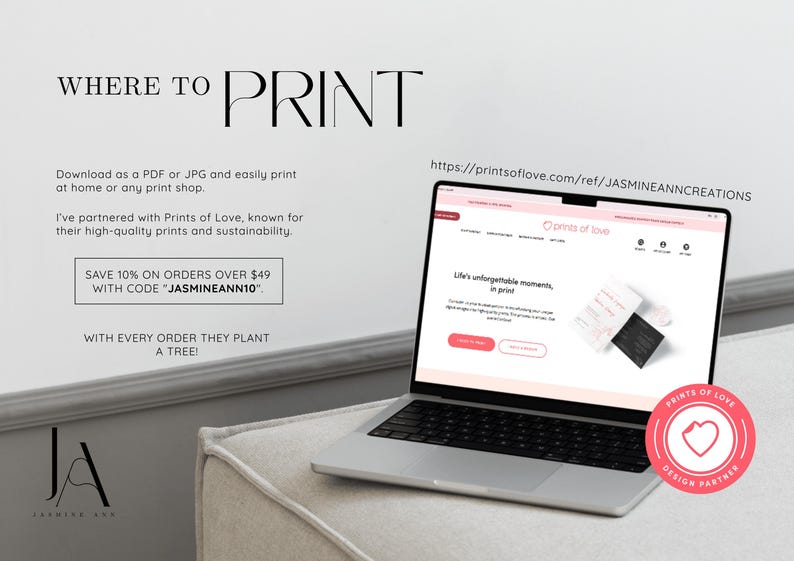 May include: A laptop displays a website with the text "Prints of Love" and a heart logo. The image includes the text "Where to Print" and details about printing options, including a discount code for orders over $49.