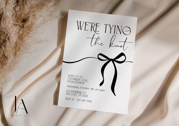 Tying the Knot Engagement Invitation: Black Bow Ribbon Editable Template 5x7" PDF