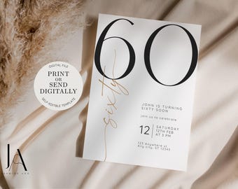 Elegant 60th Birthday Invitation Black White and Gold Digital Download