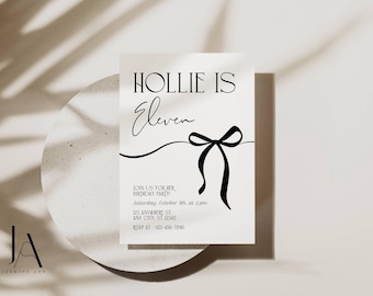 Black Bow 11th Birthday Invitation: Coquette Party Invite Digital Download