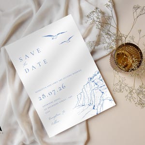 Küsten Save the Date | Minimalistische Strand Hochzeit Vorlage | Blaue Küste editierbare Karte