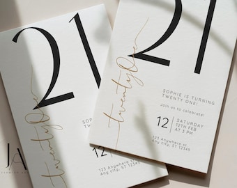 Minimalist Black and Gold 21st Birthday Invitation Digital Invite