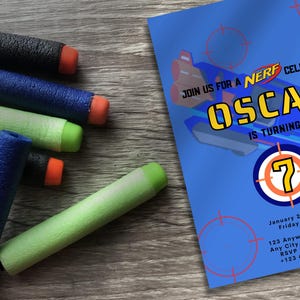 Sjabloon Nerf-verjaardagsuitnodiging: digitale uitnodiging voor jongensfeestje met GRATIS bedankkaart 1A