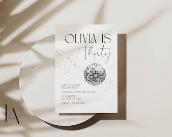 30th Birthday Invitation with Disco Ball for her Minimalist Chic Printable Digital Download
