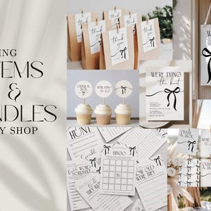 Puede incluir: Una colecci&oacute;n de papeler&iacute;a de boda y art&iacute;culos de fiesta con ilustraciones de lazos negros y el texto We're Tying The Knot. Los art&iacute;culos incluyen bolsas de papel marr&oacute;n, adornos para cupcakes, un letrero de boda, tarjetas de juegos y bingo.