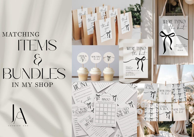 Puede incluir: Una colecci&oacute;n de papeler&iacute;a de boda y art&iacute;culos de fiesta con ilustraciones de lazos negros y el texto We're Tying The Knot. Los art&iacute;culos incluyen bolsas de papel marr&oacute;n, adornos para cupcakes, un letrero de boda, tarjetas de juegos y bingo.