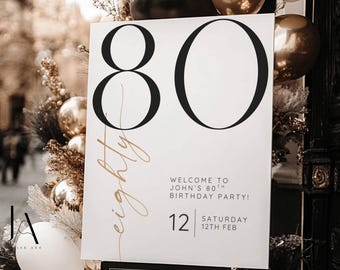 80th Birthday Welcome Sign Template Black White Gold Minimalist Decor Digital Download