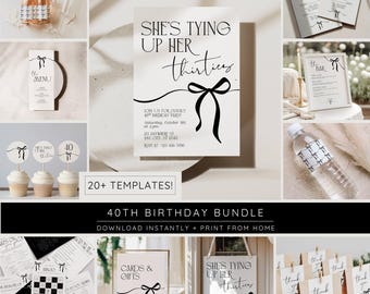 40th Birthday Party Bundle Black Bow Decor Instant Download