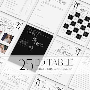 Shes Tying the Knot Bridal Shower Games Bundle Editable Hen Do Activities Classy Black Bow Bachelorette Party Template Digital Download