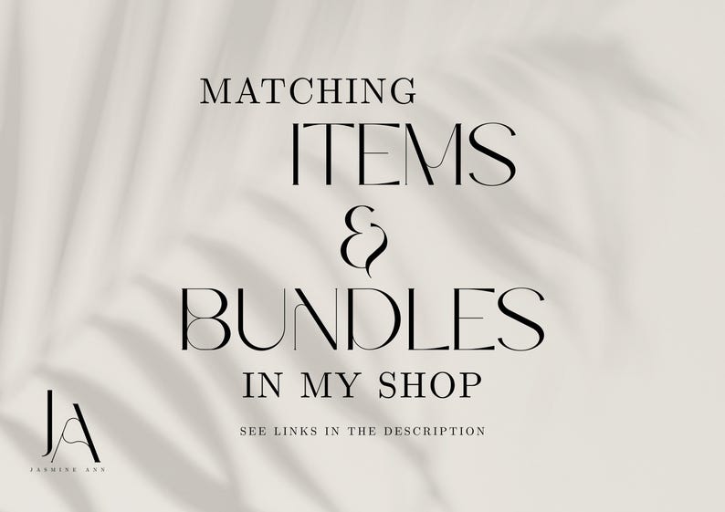 May include: Cream-colored graphic with the text "MATCHING ITEMS & BUNDLES IN MY SHOP" in a serif font. The text is in black. The image also includes the text "SEE LINKS IN THE DESCRIPTION" and a logo.